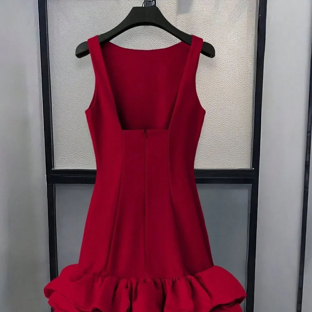 Burgundy Casual Women's Crew Neck Sleeveless Ruffled Hem Elegant Mini Dress
